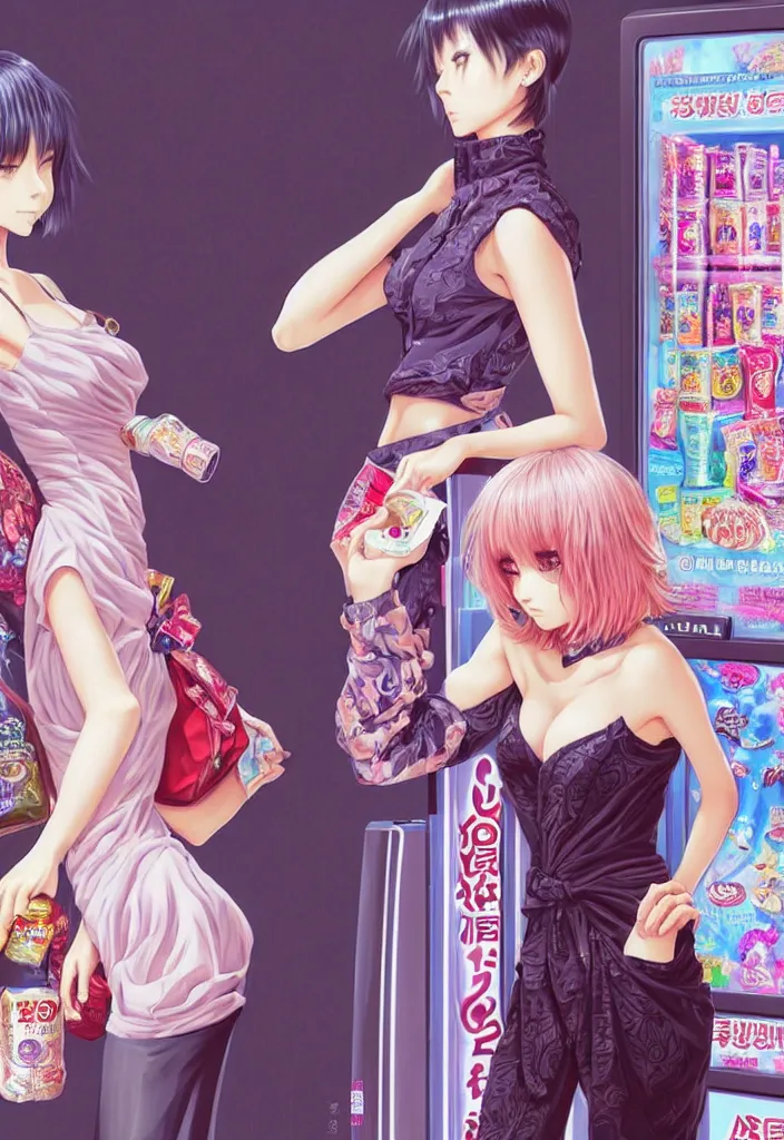 Prompt: two beautiful full body portrait anime females with short hair, fashion model bodies, standing in front of a vending machine in downtown Tokyo, drinking soda, D&D, fantasy, intricate, elegant, highly detailed, digital painting, artstation, concept art, smooth, sharp focus, illustration, art by artgerm and KyuYong Eom and WLOP and Krenz Cushart and greg rutkowski and alphonse mucha