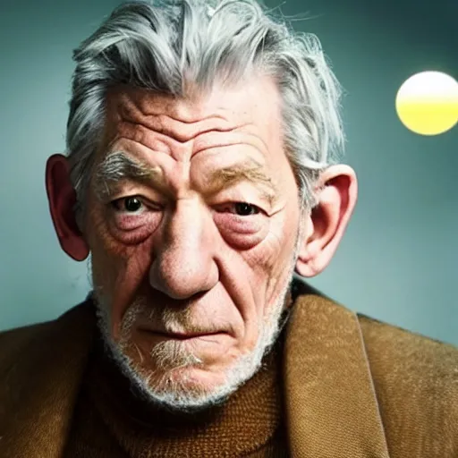 Image similar to film still of ian mckellen in a baked bean costume