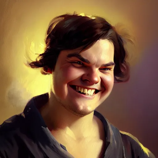 Image similar to portrait painting of a jack black age 2 5, bright and energetic, with a sweet smile and coiffed hair, render cinematic lighting art 1 9 2 0 period drama by bussiere rutkowski andreas rocha