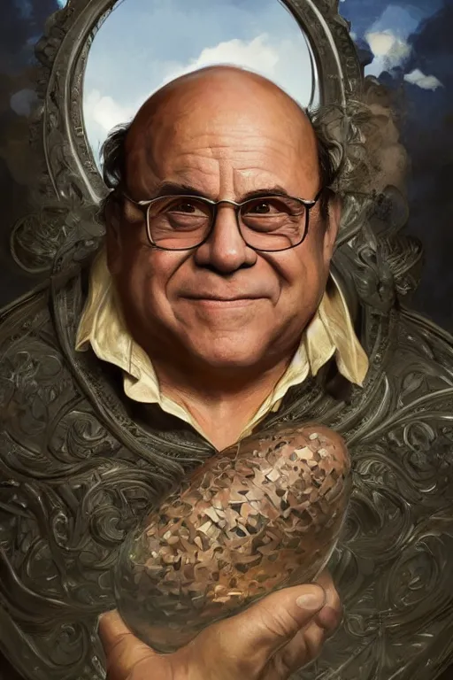 Prompt: danny devito the conqueror and offerer of eggs, fantasy, intricate, elegant, highly detailed, digital painting, artstation, concept art, sharp focus, illustration, art by artgerm and greg rutkowski and alphonse mucha