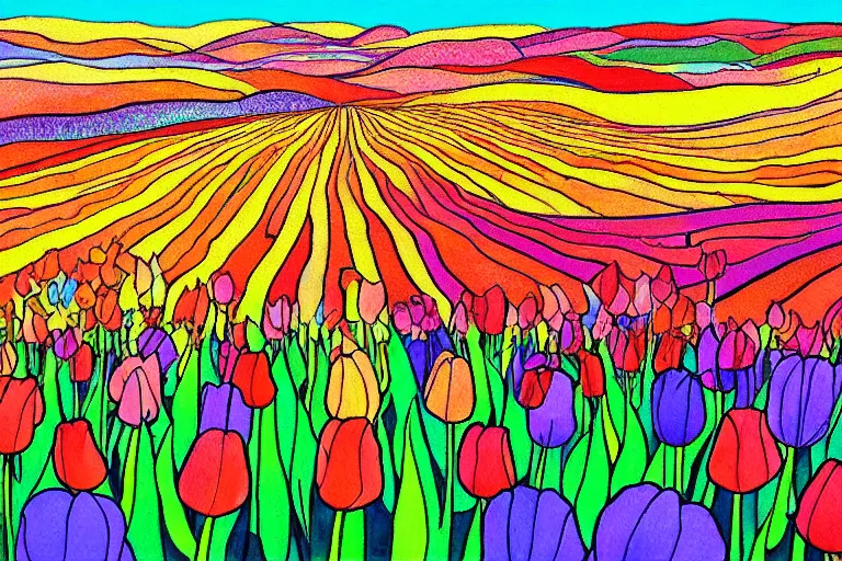 Prompt: a psychedelic painting of a tulip field with rolling hills, watercolour by wes wilson, victor moscoso, robert crumb, peter max, william finn, martin sharp