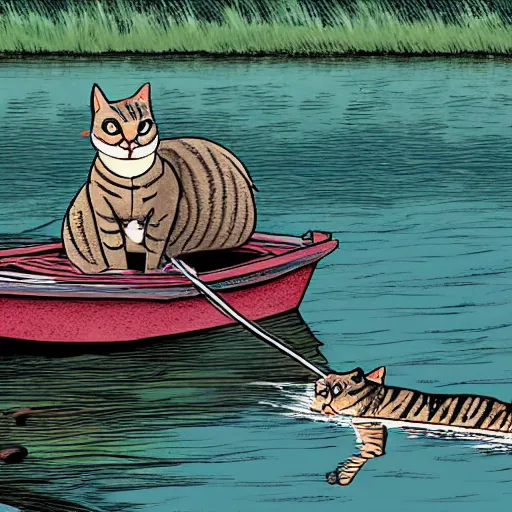 Prompt: cat fishing in a river while in a boat illustrated by Bill Watterson in stunning color; 8k; digital art; artstation; award winning