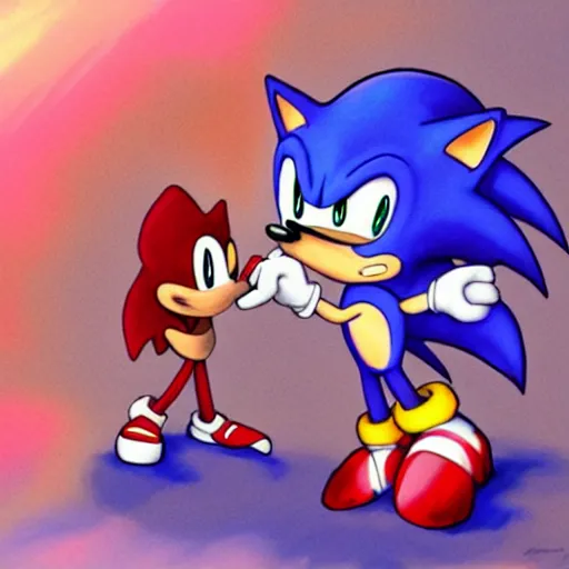 Image similar to Sonic Saying a goodnight story to amy who is in love with him resting in bed as Sonic gives her chicken noodle soup and kisses her on the forehead detailed drawing trending on deviant art.