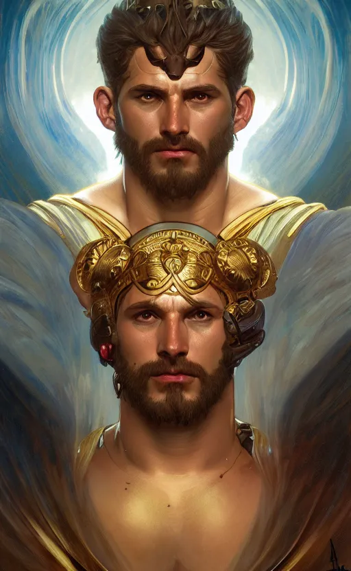 Image similar to portrait of the god ares, greek mythology, intricate, headshot, highly detailed, digital painting, artstation, concept art, sharp focus, cinematic lighting, illustration, art by artgerm and greg rutkowski, alphonse mucha, cgsociety