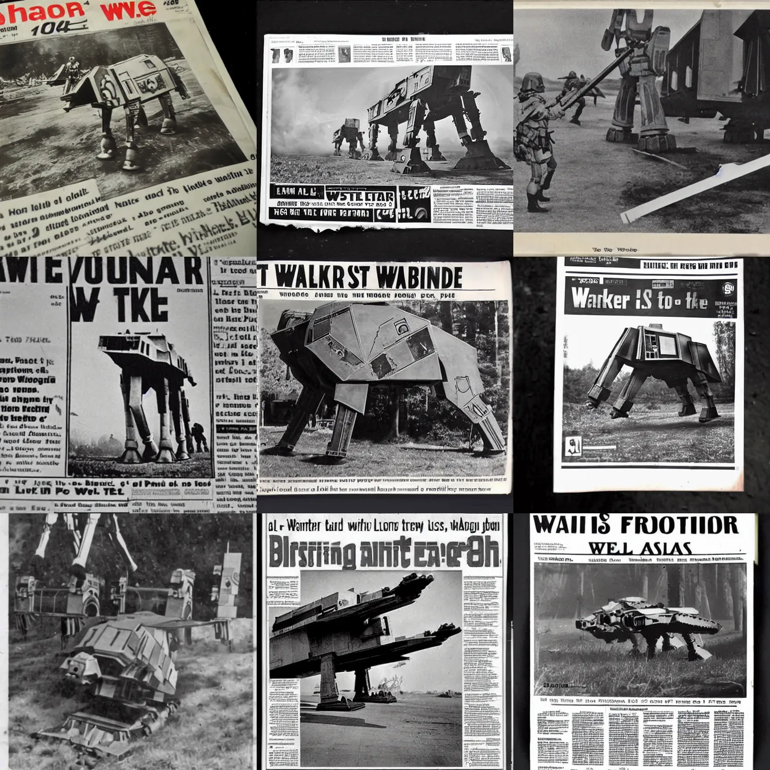 Prompt: a at - at walker from star wars in ww 2, old photograph, ww 2 photo, news paper front page photo