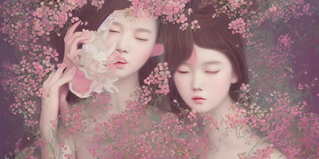 Image similar to breathtaking delicate detailed concept art painting pattern blend of flowers and girls, by hsiao - ron cheng, bizarre compositions, exquisite detail, pastel colors, 8 k