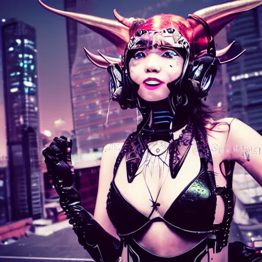 Image similar to portrait futuristic Devil Girl with horns and wings and feathers and armor stuuing smile in future cyberpunk tokyo rooftop sci-fi fan