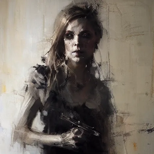 Image similar to full length portrait of a woman, by Jeremy Mann, detailed, stylized, loose brush strokes, intricate, realistic
