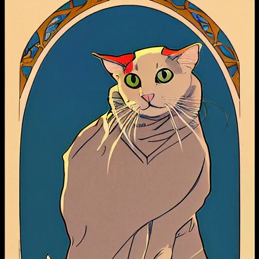 Image similar to an art nouveau cat wearing a hooded coat by moebius and james gurney and mucha