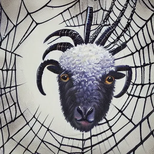 Image similar to a beautiful painting a spider web in the shape of a sheep, hyper realistic