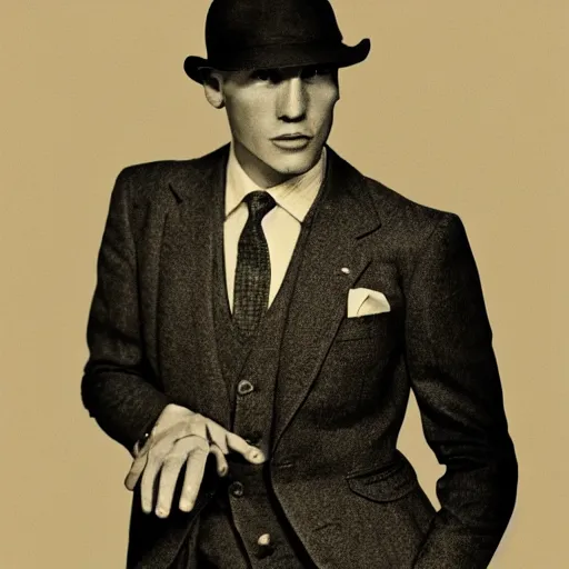 Image similar to A photograph portrait of Jerma985 wearing a suit with and fedora in the 1940s, taken in the early 1940s, grainy, taken on a 940s Kodak Camera, realistic, hyperrealistic, very realistic, highly detailed, very detailed, extremely detailed, detailed, digital art, trending on artstation