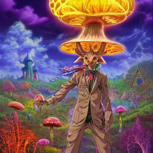 Image similar to anime 4 k headshot portrait of a psychedelic demonic anthropomorphic deer with mushroom themed clothes, magic mushroom village in background by jeff easley, award winning, stylized neon, post - processing, masterpiece, superb resolution. in the art style of junji ito and greg rutkowski. detailed mushroom city in background. hyper realistic anime. perfect art. dalle 2