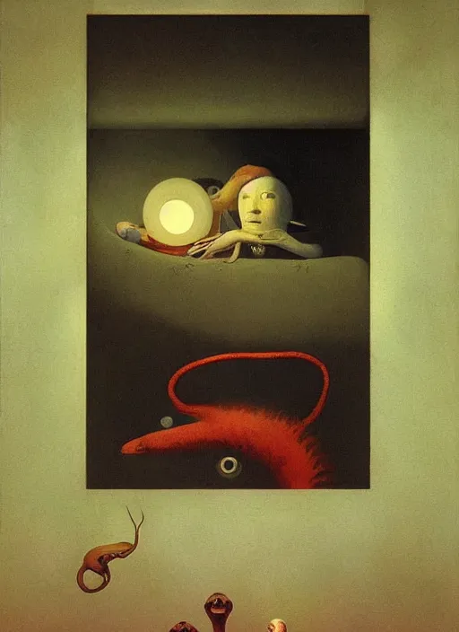 Prompt: strange eerie birds find and eat snakes on the face of jupiter and venus, edward hopper and james gilleard, zdzislaw beksinski, mark ryden, wolfgang lettl highly detailed, hints of yayoi kasuma, odilon redon. drexler