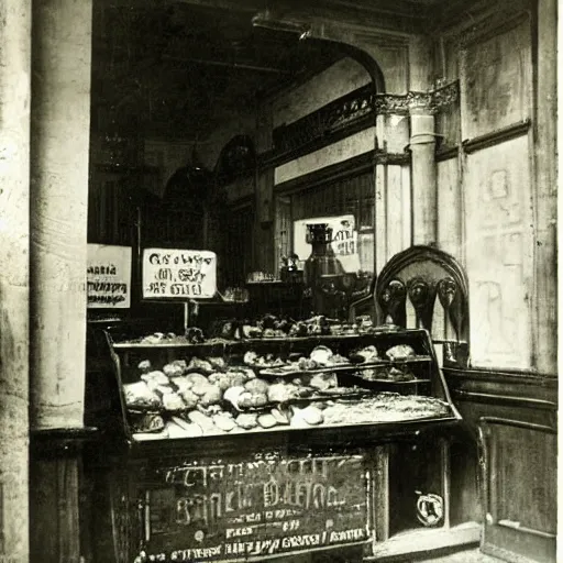 Image similar to nineteenth century, paris bakery interior, montmartre, photograph, style of atget, old, creepy