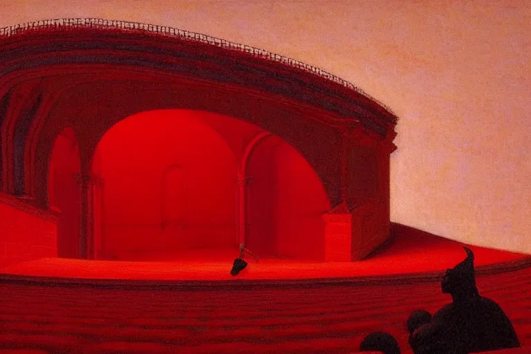 Image similar to only with red, a red melted emperor, taormina amphitheatre, crowd hails him happy, in the style of beksinski, parts by edward hopper, parts by rodcenko, parts by yue minjun, intricate and epic composition, red by caravaggio, insanely quality, highly detailed, masterpiece, red light, artstation, 4 k