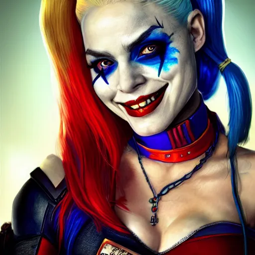 Image similar to Harley Quinn from the suicide squad, smiling, portrait, fantasy, medieval, beautiful face, vivid colrs, elegant, concept art, sharp focus, digital art, Hyper-realistic, 4K, Unreal Engine, Highly Detailed, HD, Dramatic Lighting by Brom, trending on Artstation