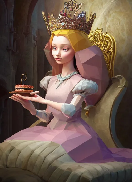 Prompt: highly detailed closeup, low - poly hands, portrait of a fairytale medieval princess wearing a crown and sitting on a throne eating cakes, unreal engine, low - poly hands, nicoletta ceccoli, mark ryden, earl norem, lostfish, global illumination, god rays, detailed and intricate environment