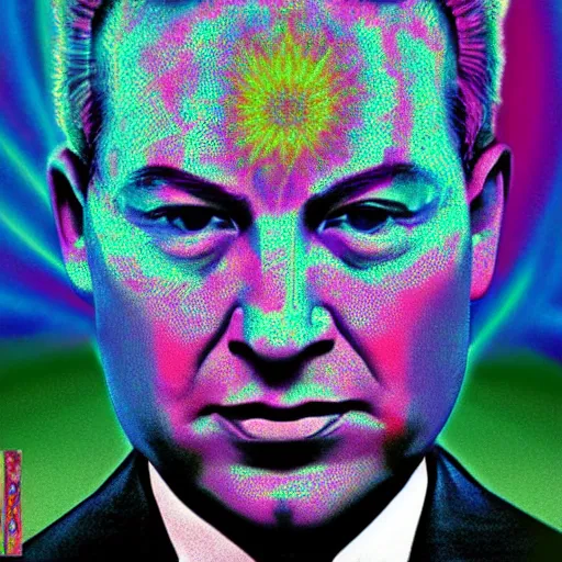 Image similar to a psychadelic portrait of binyamin netanyahu by alex grey, high deatil, cinestill poster