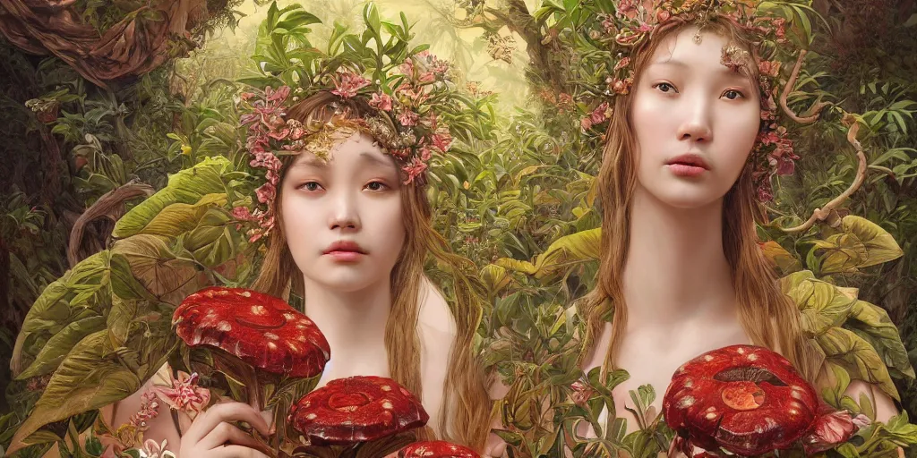 Image similar to breathtaking detailed concept art painting of the goddess of rafflesia arnoldii flowers, orthodox saint, with anxious, piercing eyes, ornate background, amalgamation of leaves and flowers, by Hsiao-Ron Cheng, James jean, Miho Hirano, Hayao Miyazaki, extremely moody lighting, 8K