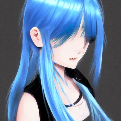 Image similar to side profile of rimuru tempest with sky blue hair, long hair, gold eyes, black jacket with white stripes and a high collar | highly detailed, matte, greek city, professional digital art, concept art, award - winning photography, cinematic, wlop | art by pixiv art, ilya kuvshinov, greg rutkowski, yoshitaka amano