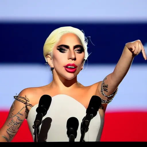 Image similar to Lady Gaga as president, Argentina presidential rally, Argentine flags behind, bokeh, giving a speech, detailed face, Argentina