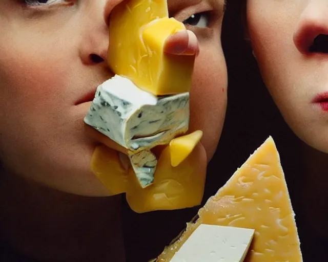 Prompt: incredible strange absurd closeup artwork of androids tasting cheese, finding it very weird but yet oddly tasteful at the same time, weird tasting ritual of cheese products in the style of tim walker fashion photography, also containing some soft cheese