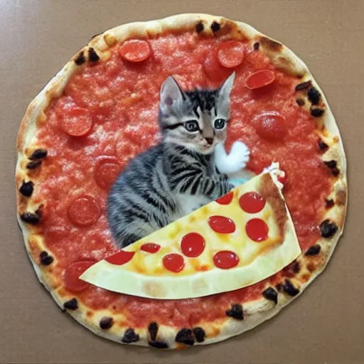 Image similar to kitten riding a slice of pizza across the galaxy