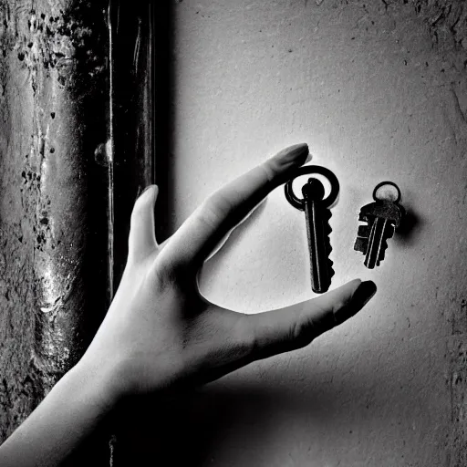 Image similar to old monochrom portrait photography of a beautiful girl holding old keys in her hand, many vintage locks on the walls, in a victorian decor, by man ray, alfred ghisoland, gemmy woud - binendijk, erwin olaf, 4 k,