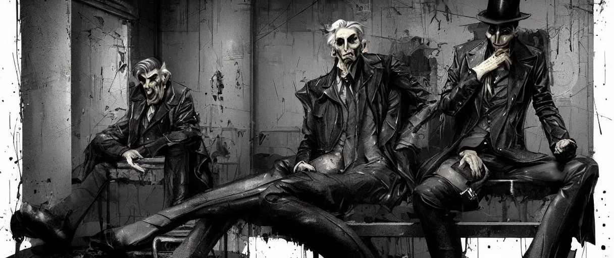 Prompt: duotone sepia comic noir illustration 3 / 4 portrait of emiel regis old vampire with silver hair sideburns in leather clothes from wicther 3 sitting in a crypt lab. by sachin teng and sergey kolesov and ruan jia and heng z. graffiti art, scifi, fantasy, hyper detailed. octane render. concept art. trending on artstation