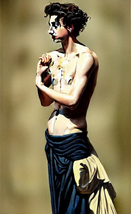 Image similar to Timothee Chalamet, the most beautiful androgynous man in the world, intense painting, sunny day, +++ super supper supper dynamic pose,  digital art, art by j.c leyendecker