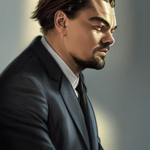 Image similar to full figure ultra realistic illustration, leonardo dicaprio as business man, intricate, elegant, highly detailed, digital painting, artstation, concept art, smooth, sharp focus, illustration, art by artgerm and greg rutkowski and alphonse mucha