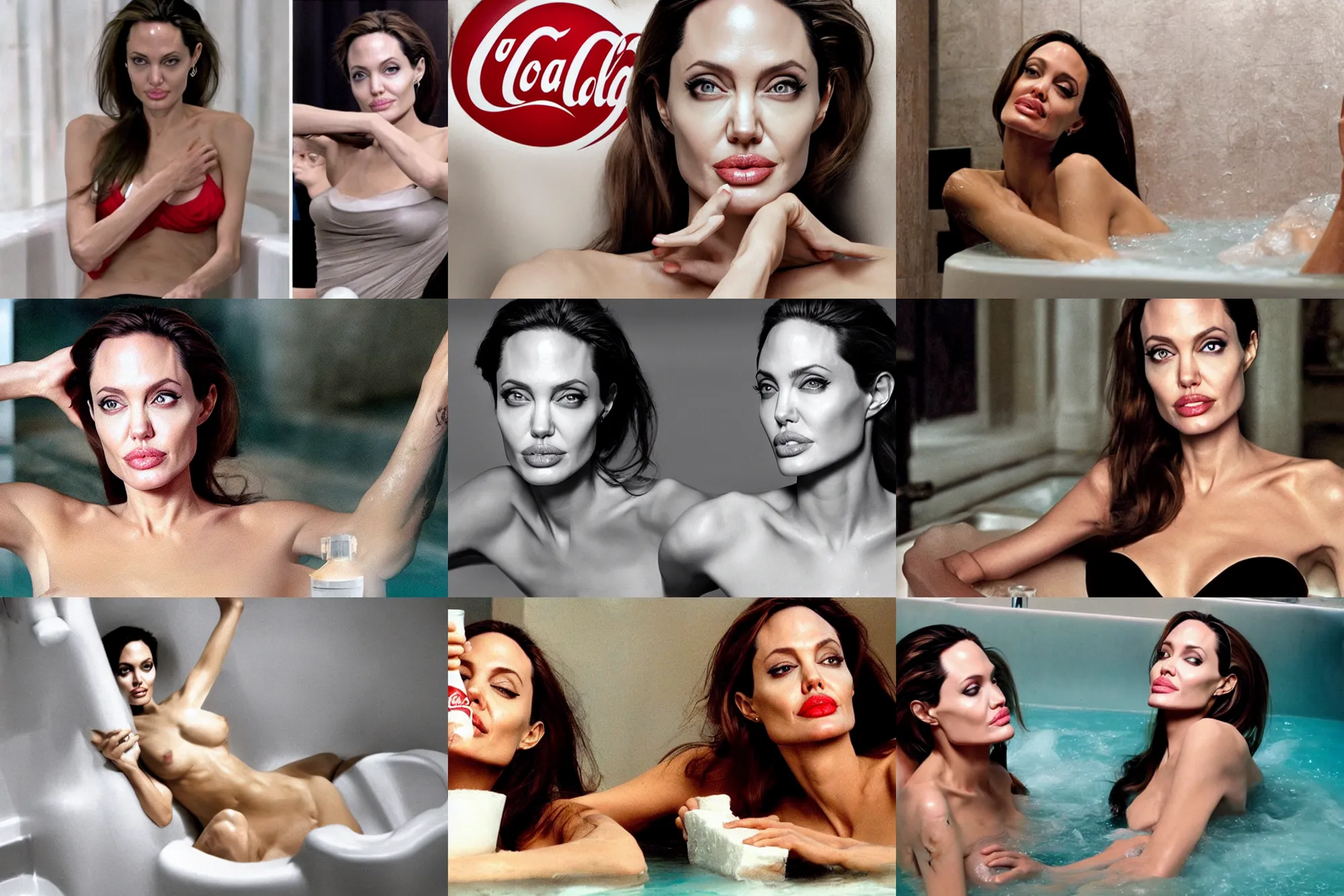 Prompt: angelina jolie lies in the bath, instead of water coca - cola with foam