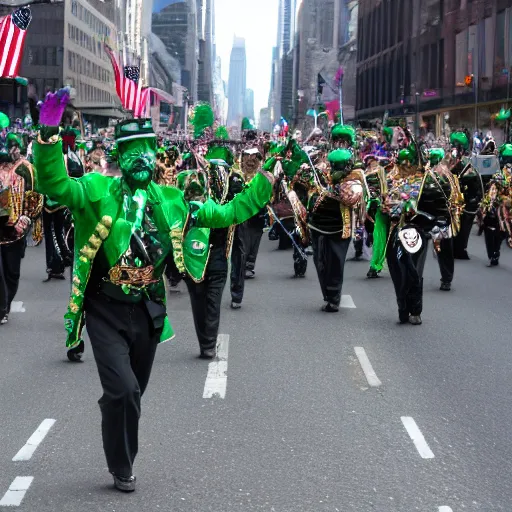 Prompt: a parade of the dead marching down 5 th ave manhattan on st. patrick's day, 8 k, photo realistic, extremely life like