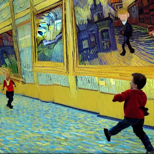 Prompt: a kid trying to escape from the van gogh that is chasing him