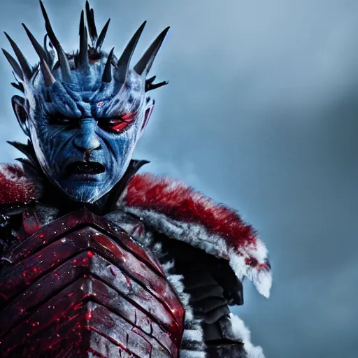 Image similar to justin sun as night king versus huge crimson - black warrior bee, 4 k, epic, cinematic, focus, movie still, fantasy, extreme detail, atmospheric, dark colour, sharp focus