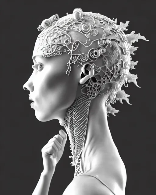 Image similar to bw 3 d render, beautiful angelic biomechanical albino girl cyborg with a porcelain profile face, rim light, big leaves and stems, roots, fine foliage lace, alexander mcqueen, art nouveau fashion embroidered collar, steampunk, silver filigree details, hexagonal mesh wire, mandelbrot fractal, elegant, artstation trending