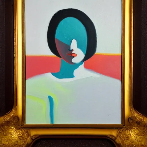 Prompt: an abstract minimalist oil painting. portrait of a woman, unknown artist. bright colors on white background. oil on panel. Museum Scan