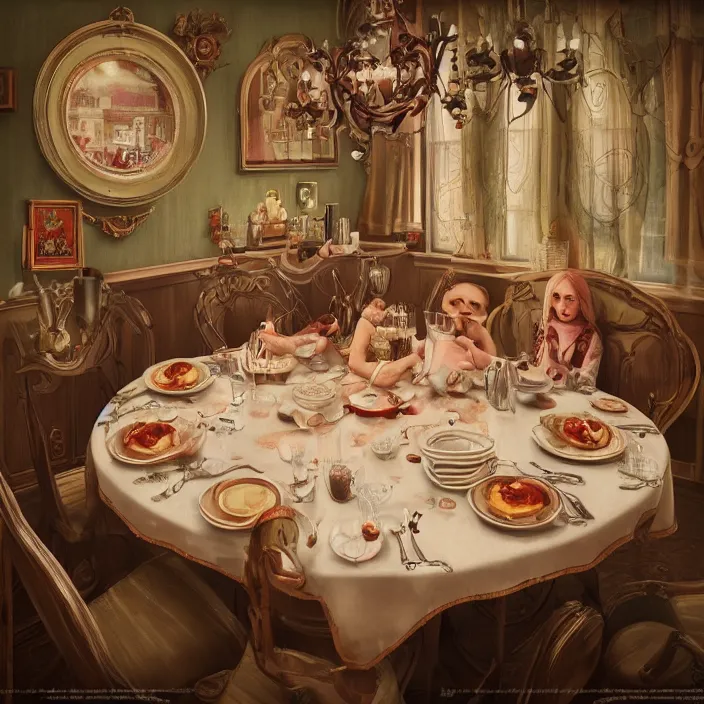 Prompt: portrait of a retro dining room, depth of field, zeiss lens, detailed, symmetrical, centered, fashion photoshoot, by nicoletta ceccoli, mark ryden, lostfish, breathtaking, 8 k resolution, extremely detailed, beautiful, establishing shot, artistic, hyperrealistic, octane render