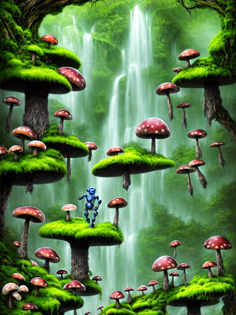 Image similar to future robot android primate in forrest of giant mushrooms, moss and flowers stone bridge waterfall. muted colors. by jean james mccarthy. by tim white. in the style of raffaello ossola. highly detailed. award winning. trending on artstation