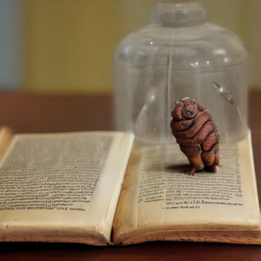 Prompt: collection of rare books guarded by a tardigrare