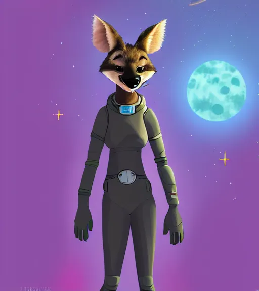 Image similar to digital detailed full body of anthromorphic female hyena, in style of zootopia, fursona, furry, furaffinity, 4 k, deviantart, wearing astronaut outfit, in style of zootopia, floating in space, space background, in deep space, dark background, hyena fursona, cyberpunk, female, detailed face,