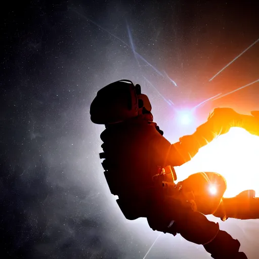 Image similar to astronaut silhouette with arms extended forward, bottom of arms lit by light coming from offcamera, light coming from below, dark background, lit from below, full body photo,, 8 k