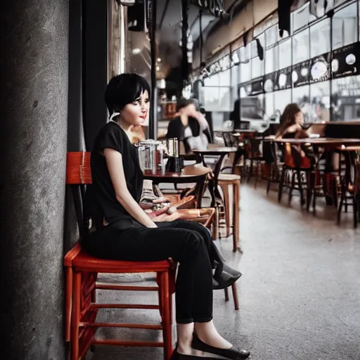 Prompt: woman sitting in a cafe in China, artwork by guweiz, short black hair, freckles, face tattoos, futuristic, cyberpunk face mods, sigma 85mm f/1.4, 4k, depth of field, unreal engine, stylized