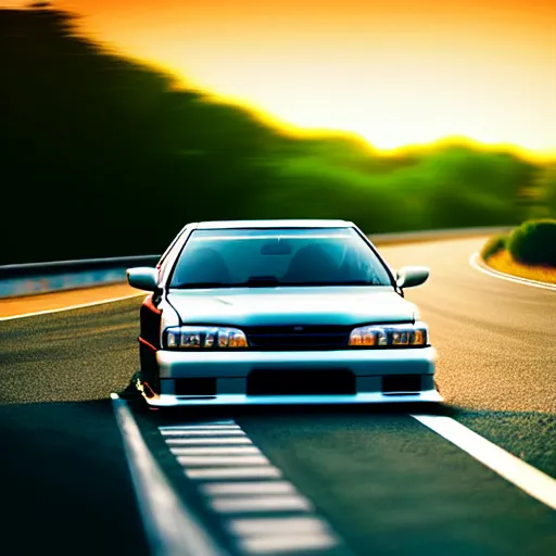 Image similar to a car drifting Toyota JZX100 in middle of road, gunma prefecture, city sunset, cinematic color, photorealistic, highly detailed, bokeh