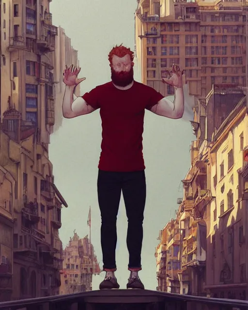 Image similar to wide angle of attractive red - headed bearded man wearing a white t - shirt levitating over the street below, arms spread wide, highly detailed, digital painting, artstation, concept art, smooth, sharp focus, illustration, art by artgerm, greg rutkowski, alphonse mucha, j. c. leyendecker