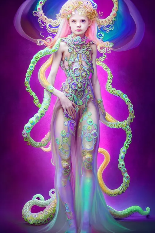 Prompt: A full body shot of a cute young magical girl wearing an ornate dress made of opals and tentacles. Monster GIrl. Subsurface Scattering. Dynamic Pose. Translucent Skin. Rainbow palette. Rainbowcore. defined facial features, symmetrical facial features. Opalescent surface. Soft Lighting. beautiful lighting. By Giger and Ruan Jia and Artgerm and WLOP and William-Adolphe Bouguereau and Loish and Lisa Frank. Fantasy Illustration. Sailor Moon. Masterpiece. trending on artstation, featured on pixiv, award winning, cinematic composition, dramatic pose, sharp, details, Hyper-detailed, HD, HDR, 4K, 8K.