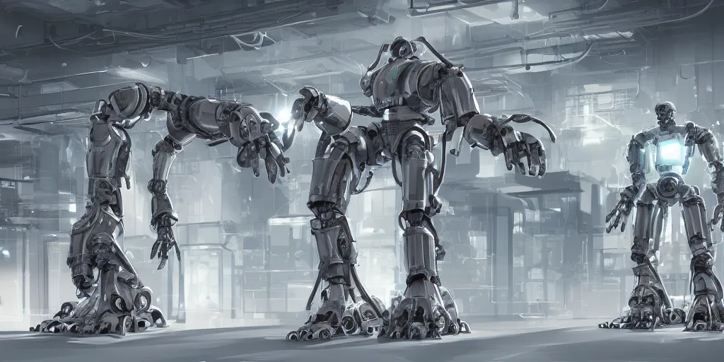 Image similar to parallax datacenter server room single mono colossus white rusty android robosaurus automaton in artstation