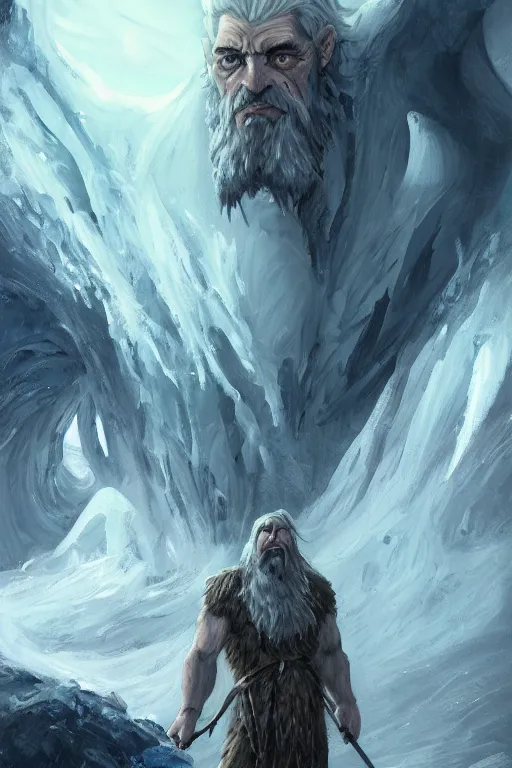 Prompt: north mythology concept art portrait painting of ice gigant ymir the ancestor of all giants by james gurney and alix branwyn and leesha hannigan, trending on artstation, detailed