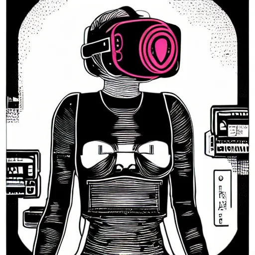 Image similar to Illustrated by Shepard Fairey and Moebius | Cyberpunk cute kitty with VR helmet, surrounded by cables