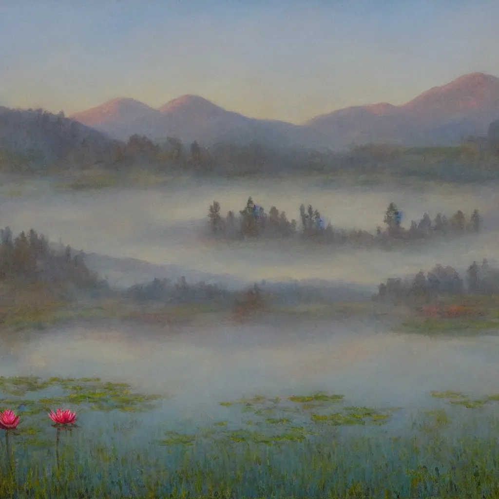 Image similar to impressionism painting of a pond of water lily on a foggy morning, red barn in distance, sun low on horizon through snow capped mountains, soft light